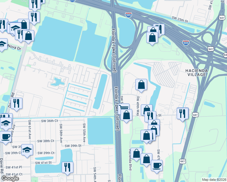 map of restaurants, bars, coffee shops, grocery stores, and more near 3000 Southwest 50th Street in Davie