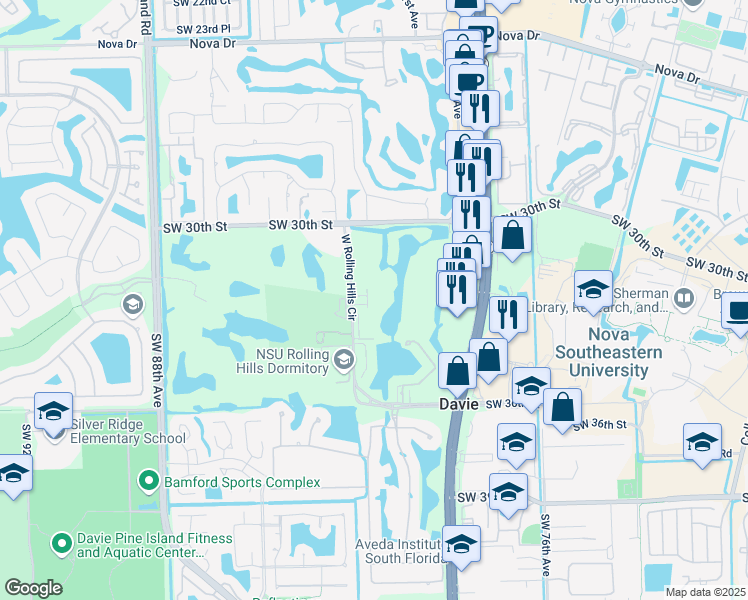 map of restaurants, bars, coffee shops, grocery stores, and more near 3200 Fairway Circle in Davie