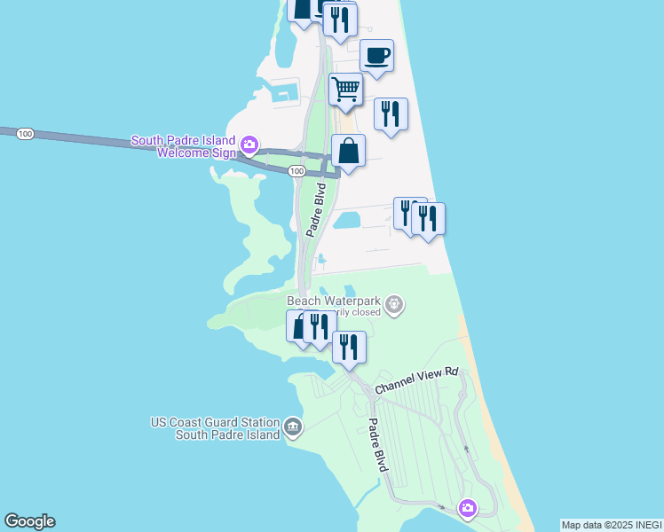 map of restaurants, bars, coffee shops, grocery stores, and more near 150 Padre Boulevard in South Padre Island