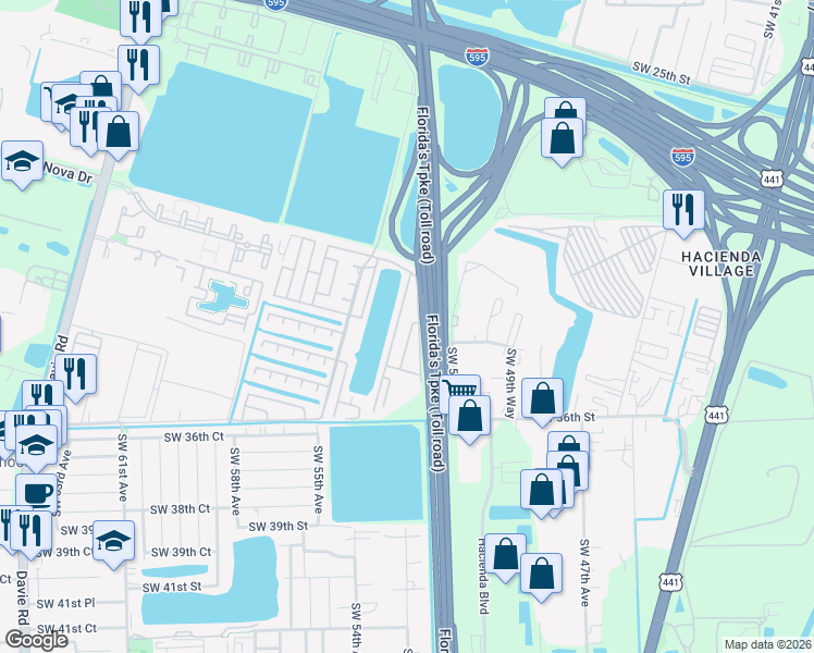 map of restaurants, bars, coffee shops, grocery stores, and more near 3000 Southwest 50th Street in Davie