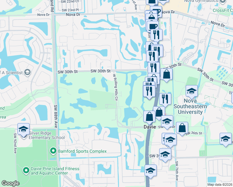map of restaurants, bars, coffee shops, grocery stores, and more near 3200 Fairway Circle in Davie