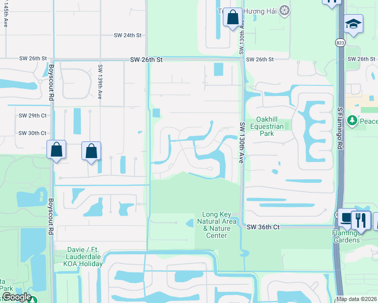 map of restaurants, bars, coffee shops, grocery stores, and more near 3200 Southwest 133rd Terrace in Davie