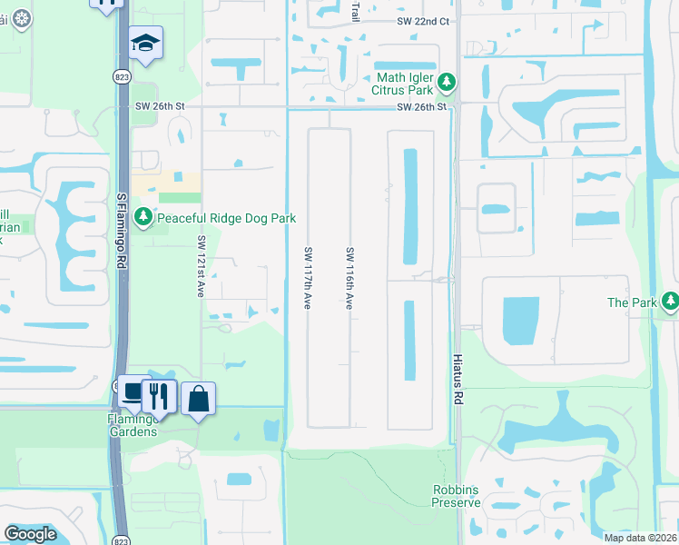 map of restaurants, bars, coffee shops, grocery stores, and more near 3161 Southwest 116th Avenue in Davie