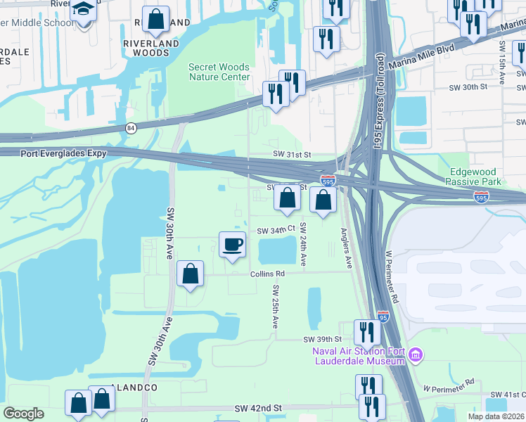 map of restaurants, bars, coffee shops, grocery stores, and more near 3400 Southwest 26th Terrace in Fort Lauderdale