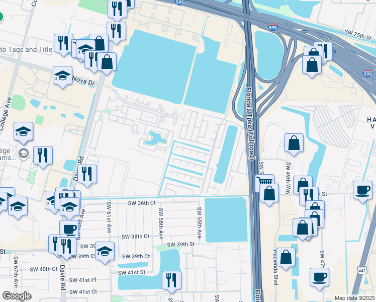 map of restaurants, bars, coffee shops, grocery stores, and more near 5300 Southwest 33rd Street in Davie