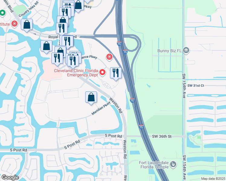 map of restaurants, bars, coffee shops, grocery stores, and more near 3350 Weston Road in Weston