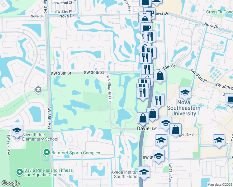map of restaurants, bars, coffee shops, grocery stores, and more near 3200 Fairway Circle in Davie