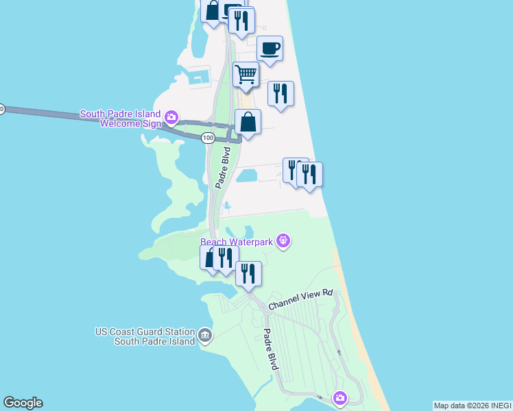 map of restaurants, bars, coffee shops, grocery stores, and more near 120 Padre Boulevard in South Padre Island