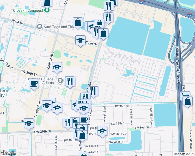 map of restaurants, bars, coffee shops, grocery stores, and more near East Signature Drive in Davie