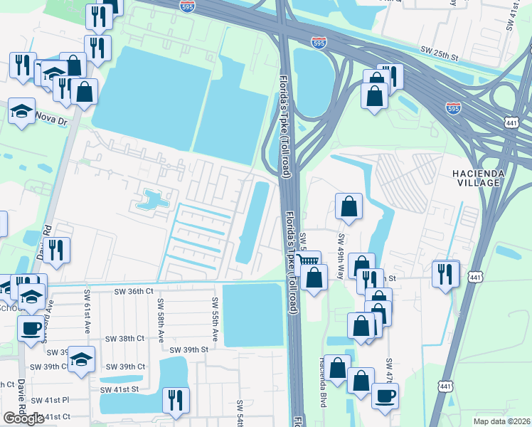 map of restaurants, bars, coffee shops, grocery stores, and more near 3000 Southwest 50th Street in Davie
