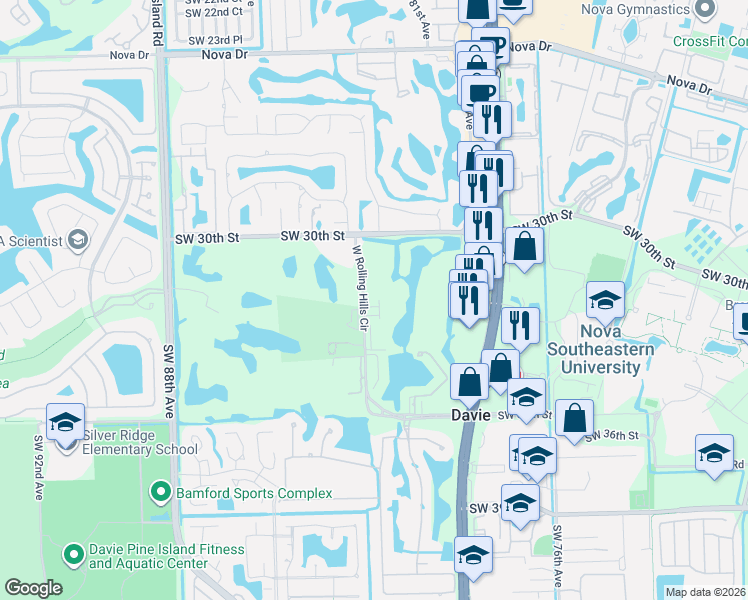 map of restaurants, bars, coffee shops, grocery stores, and more near 3200 Fairway Circle in Davie