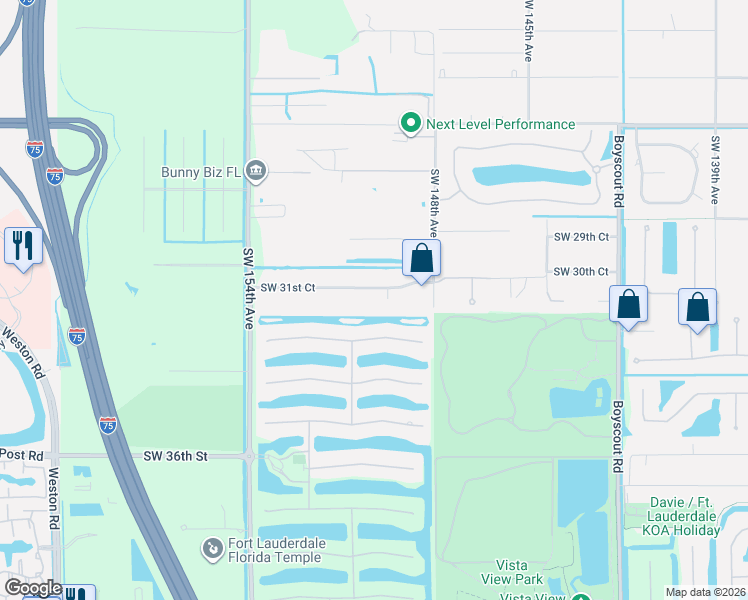 map of restaurants, bars, coffee shops, grocery stores, and more near 14980 Southwest 31st Court in Davie