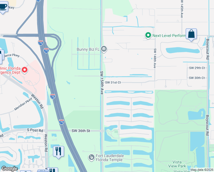 map of restaurants, bars, coffee shops, grocery stores, and more near 15390 Southwest 31st Court in Davie