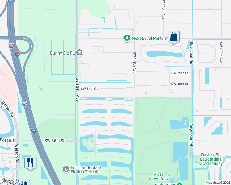 map of restaurants, bars, coffee shops, grocery stores, and more near 14980 Southwest 31st Court in Davie