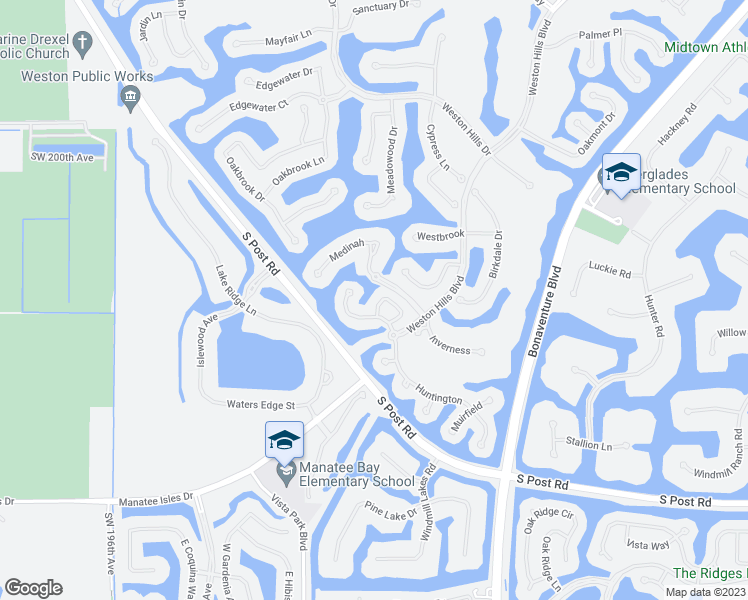 map of restaurants, bars, coffee shops, grocery stores, and more near 3070 Lakewood Circle in Weston