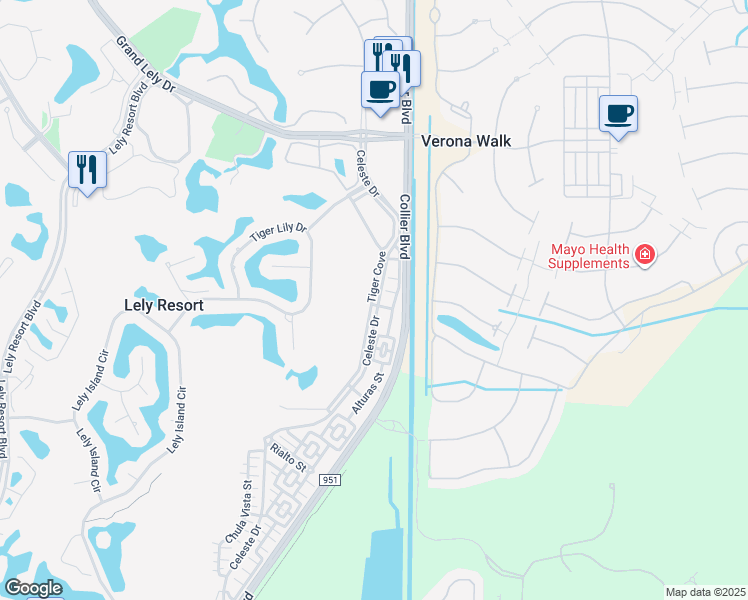map of restaurants, bars, coffee shops, grocery stores, and more near 8975 Malibu Street in Naples