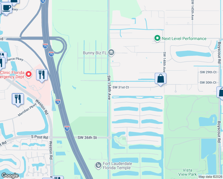 map of restaurants, bars, coffee shops, grocery stores, and more near 15390 Southwest 31st Court in Davie