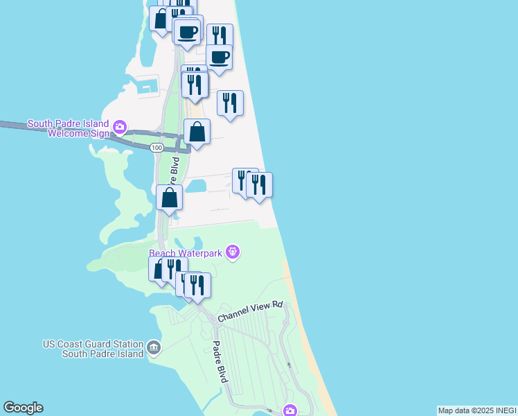 map of restaurants, bars, coffee shops, grocery stores, and more near 100 Padre Boulevard in South Padre Island