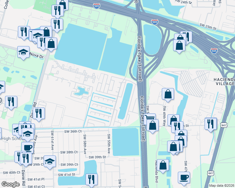 map of restaurants, bars, coffee shops, grocery stores, and more near 3140 Southwest 52nd Terrace in Davie