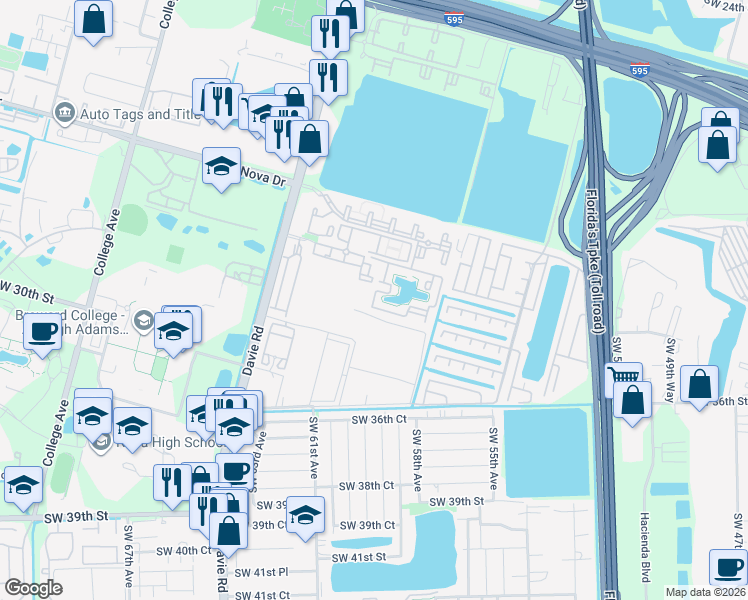map of restaurants, bars, coffee shops, grocery stores, and more near 3000 Southwest 60th Avenue in Davie