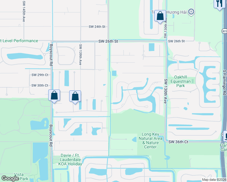 map of restaurants, bars, coffee shops, grocery stores, and more near 3051 Southwest 135th Terrace in Davie