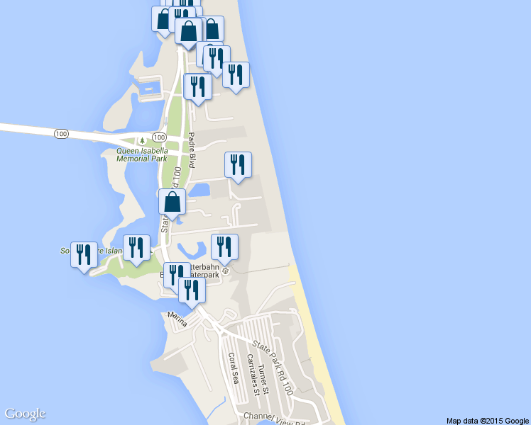 map of restaurants, bars, coffee shops, grocery stores, and more near 100 Padre Boulevard in South Padre Island