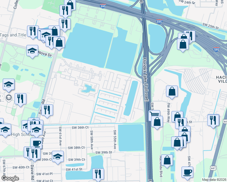 map of restaurants, bars, coffee shops, grocery stores, and more near 5278 Southwest 32nd Street in Davie