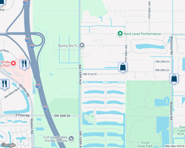 map of restaurants, bars, coffee shops, grocery stores, and more near 15241 Southwest 31st Court in Davie