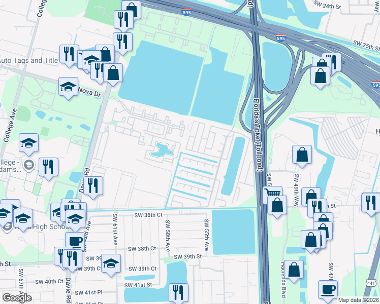 map of restaurants, bars, coffee shops, grocery stores, and more near 5278 Southwest 32nd Street in Davie