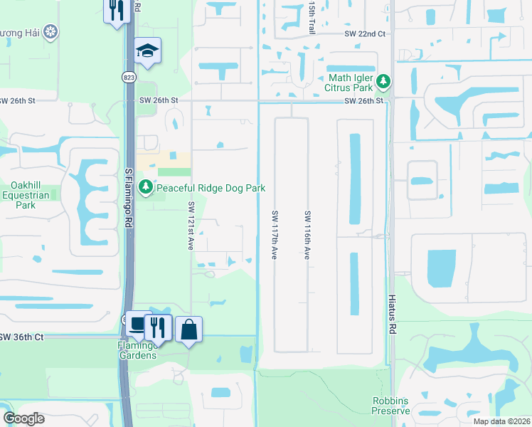 map of restaurants, bars, coffee shops, grocery stores, and more near 3041 Southwest 117th Avenue in Davie