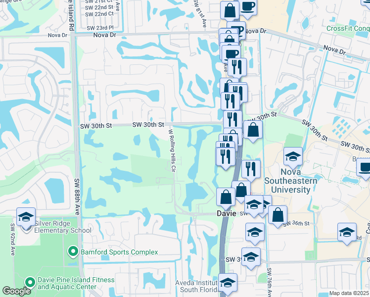 map of restaurants, bars, coffee shops, grocery stores, and more near 3150 West Rolling Hills Circle in Davie