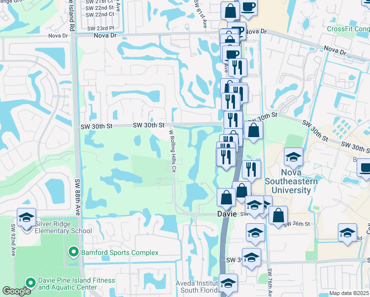 map of restaurants, bars, coffee shops, grocery stores, and more near 3150 West Rolling Hills Circle in Davie