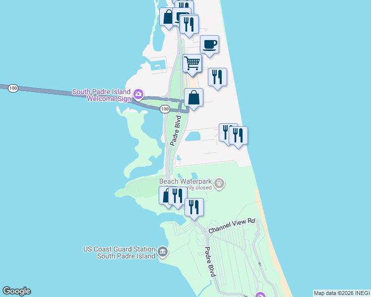 map of restaurants, bars, coffee shops, grocery stores, and more near 210 Padre Boulevard in South Padre Island