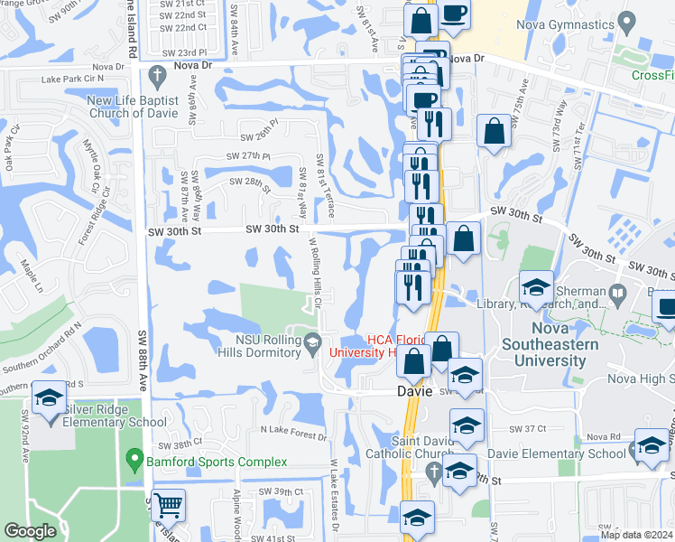 map of restaurants, bars, coffee shops, grocery stores, and more near 3150 West Rolling Hills Circle in Davie