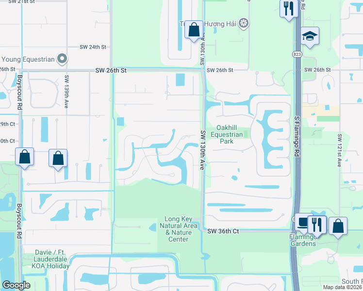 map of restaurants, bars, coffee shops, grocery stores, and more near 13040 Southwest 30th Court in Davie