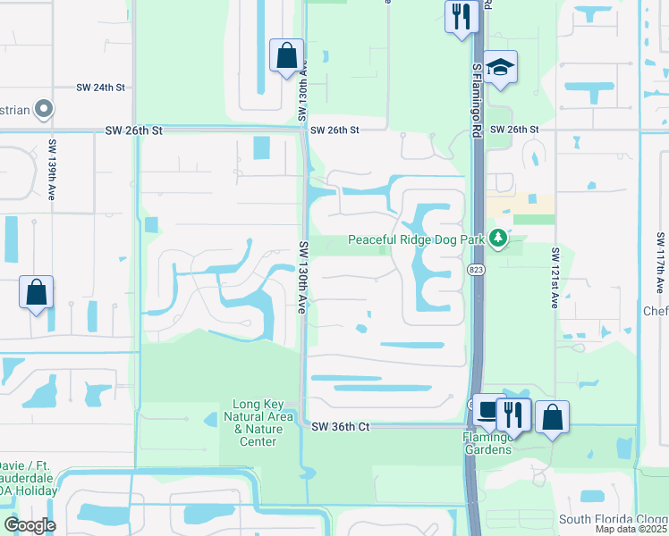 map of restaurants, bars, coffee shops, grocery stores, and more near 12887 Equestrian Trail in Davie