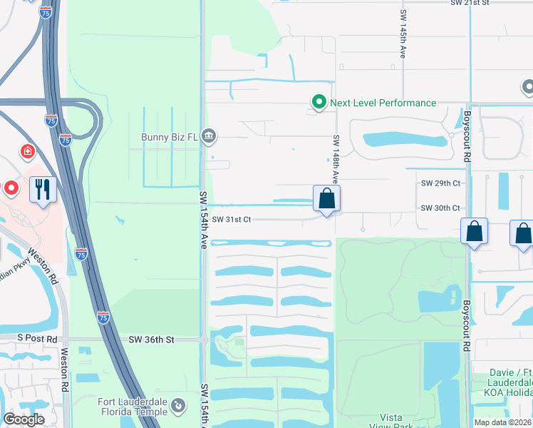 map of restaurants, bars, coffee shops, grocery stores, and more near 15131 Southwest 31st Court in Davie