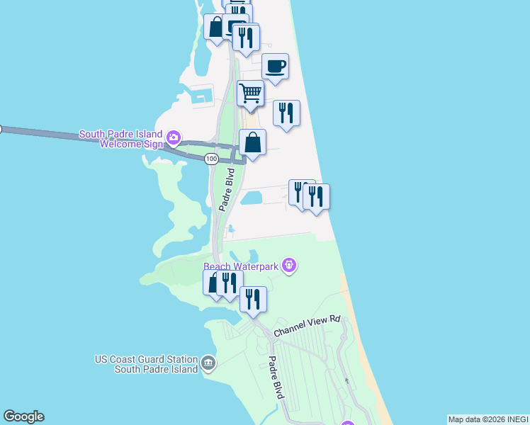 map of restaurants, bars, coffee shops, grocery stores, and more near 200 Padre Boulevard in South Padre Island