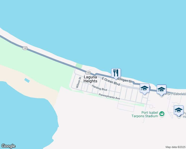 map of restaurants, bars, coffee shops, grocery stores, and more near Texas 100 in Port Isabel