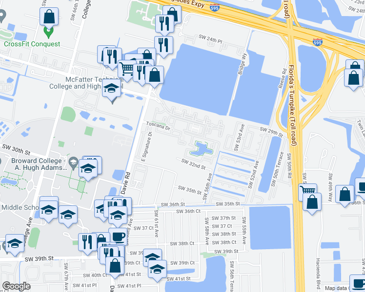 map of restaurants, bars, coffee shops, grocery stores, and more near 3000 Southwest 60th Avenue in Davie