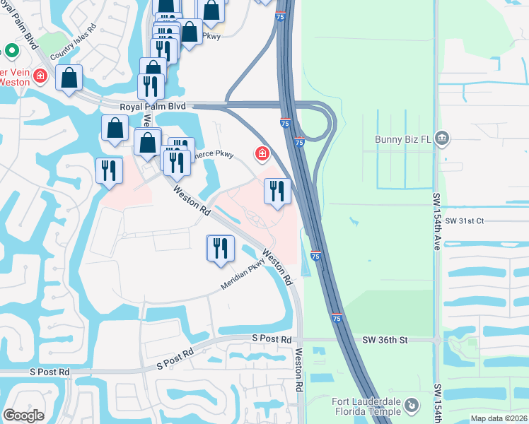 map of restaurants, bars, coffee shops, grocery stores, and more near 3100 Weston Road in Weston