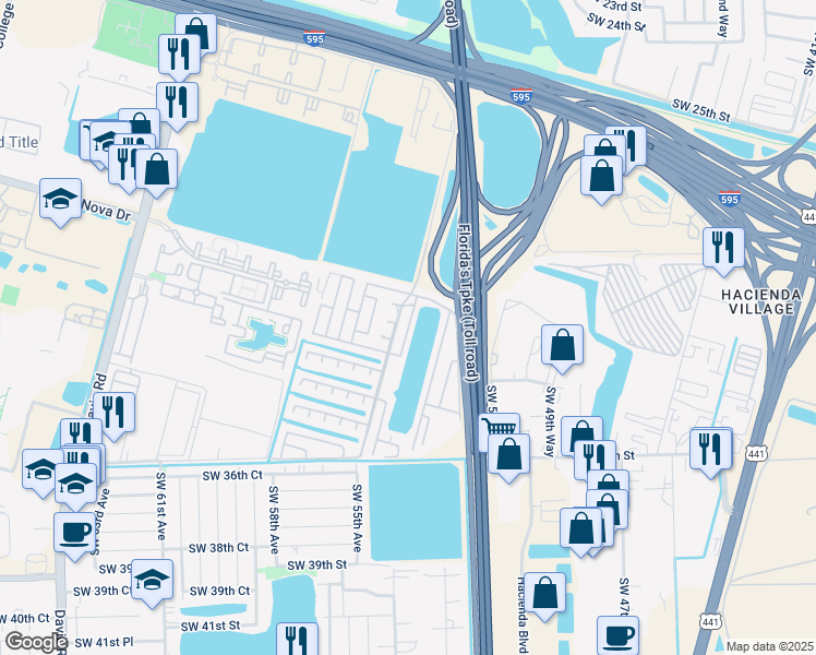 map of restaurants, bars, coffee shops, grocery stores, and more near 3041 Southwest 51st Avenue in Davie