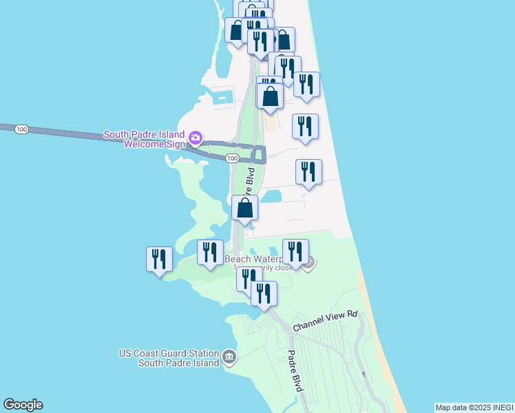 map of restaurants, bars, coffee shops, grocery stores, and more near 200 Padre Boulevard in South Padre Island
