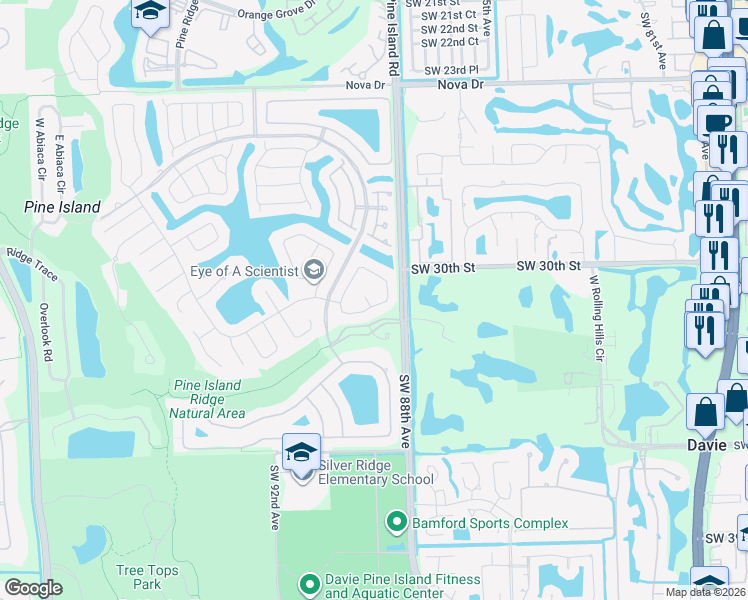 map of restaurants, bars, coffee shops, grocery stores, and more near 3058 Perriwinkle Way in Davie