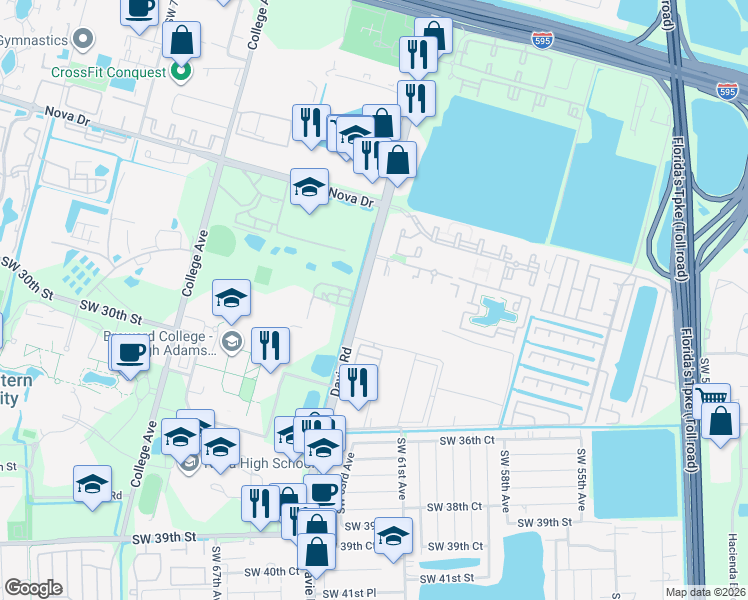 map of restaurants, bars, coffee shops, grocery stores, and more near 3020 East Signature Drive in Davie