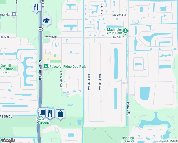 map of restaurants, bars, coffee shops, grocery stores, and more near 3041 Southwest 117th Avenue in Davie