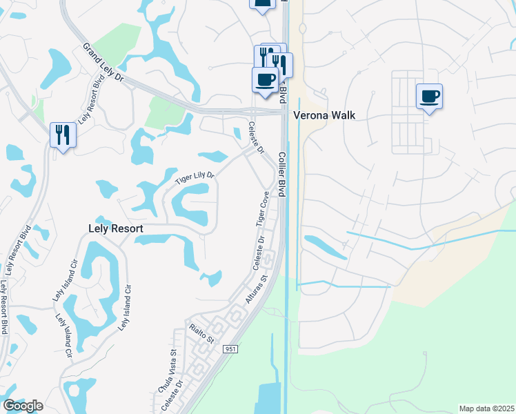 map of restaurants, bars, coffee shops, grocery stores, and more near 8945 Malibu Street in Naples