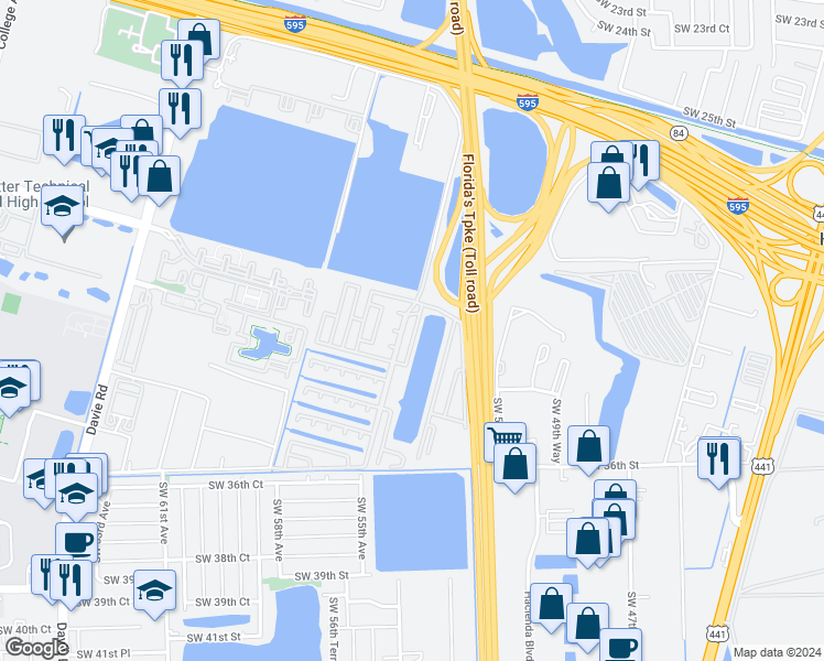 map of restaurants, bars, coffee shops, grocery stores, and more near 3041 Southwest 51st Avenue in Davie