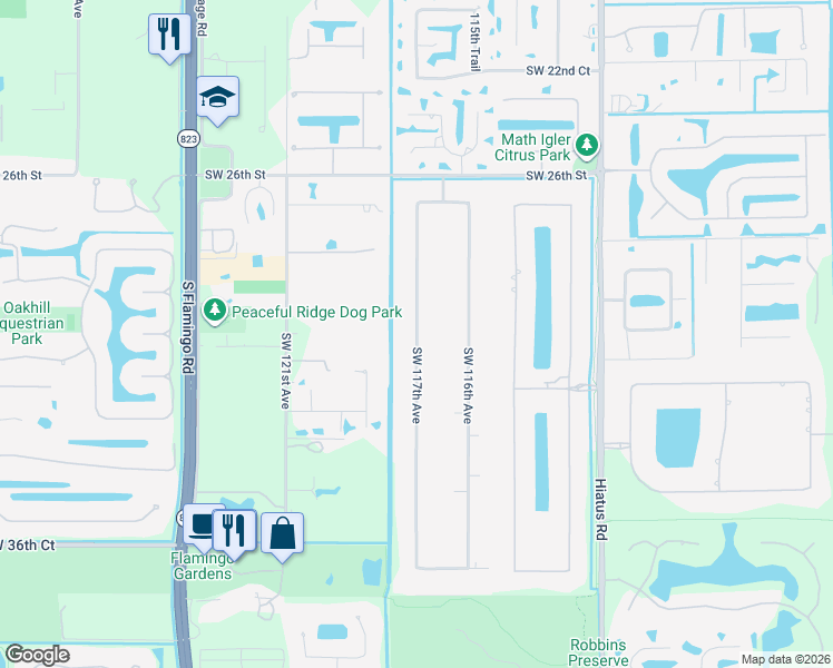 map of restaurants, bars, coffee shops, grocery stores, and more near 3041 Southwest 117th Avenue in Davie