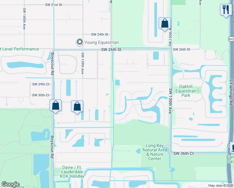 map of restaurants, bars, coffee shops, grocery stores, and more near 3051 Southwest 135th Terrace in Davie